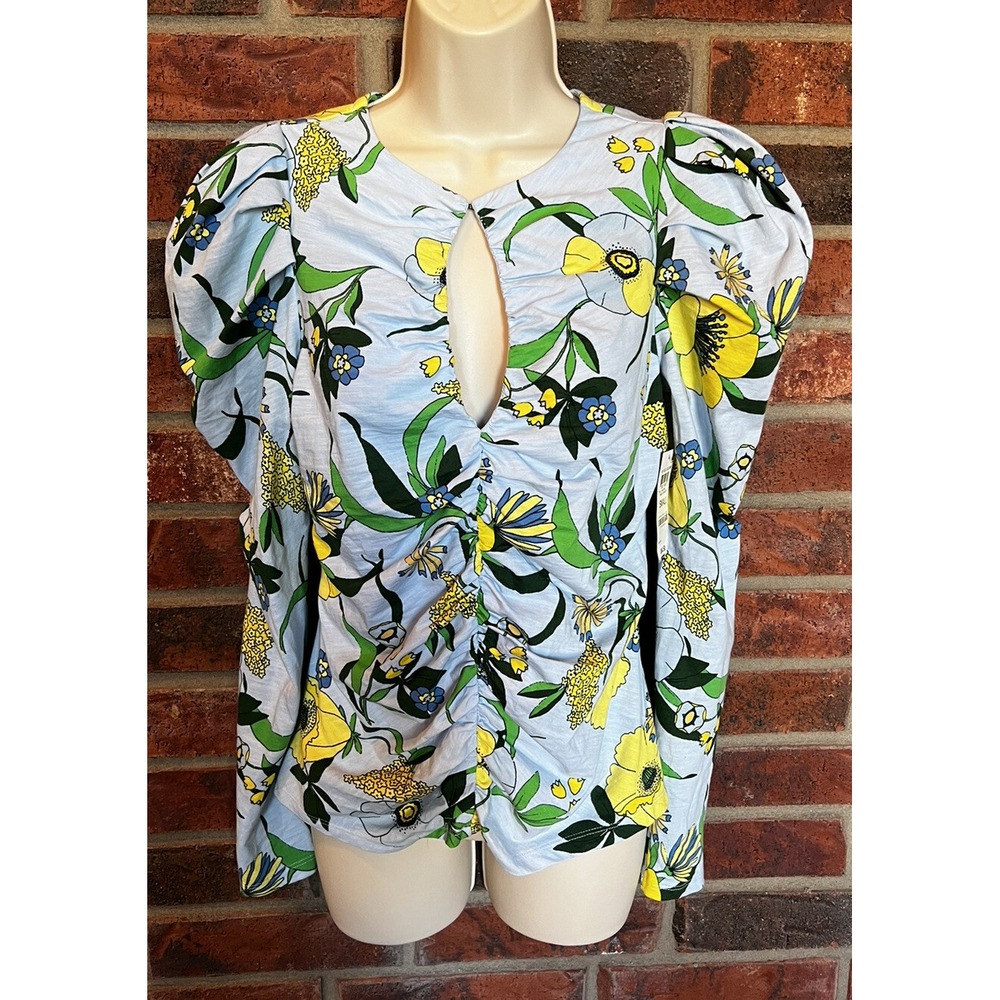 INC Blue Mabel Bouquet Keyhole Front Puff Long Sleeve Ruched Top S New